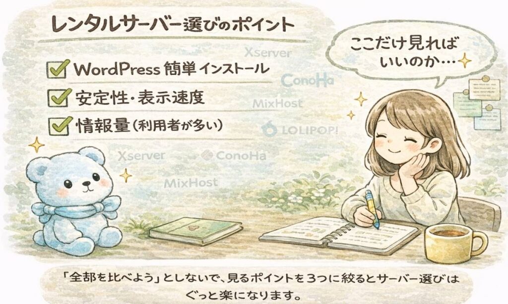 「レンタルサーバー おすすめ」で調べる初心者向けに、WordPress簡単インストール・安定性と表示速度・利用者の多さという3つのポイントをチェックマークで示したイラスト