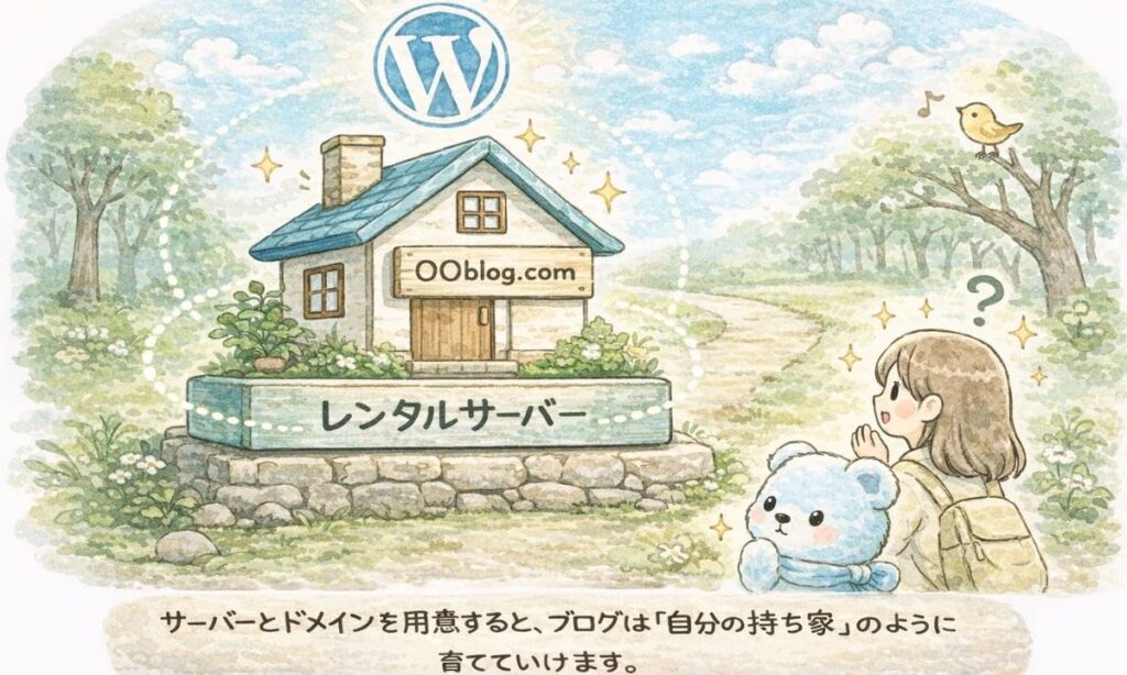 レンタルサーバーの上に建ったWordPressブログの家を、女の子とクマが見上げているイラスト