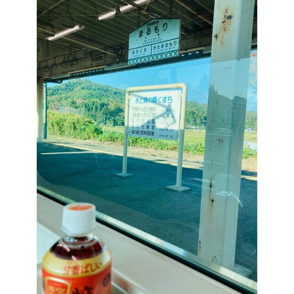 電車に乗って見える丸森駅のホームの写真