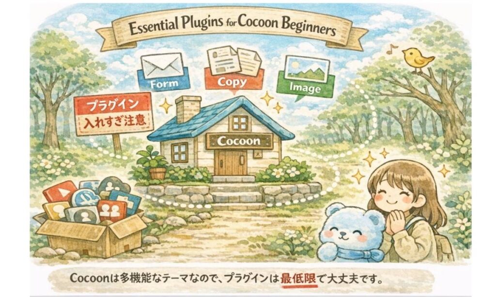 Cocoonテーマではプラグインを入れすぎなくてもブログ運営ができることを説明するイラスト
