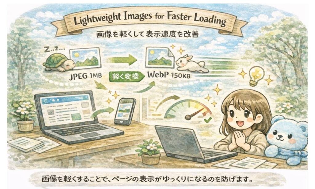 画像を軽くしてWordPressブログの表示速度を改善するプラグインの説明イラスト
