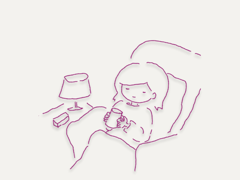 夜、やわらかな明かりの下で、Audibleを聴きながらゆっくり過ごす女性のイラスト