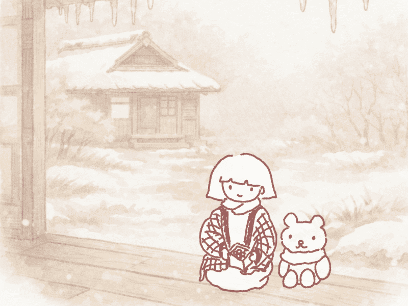 つららの下、半纏を着た女の子とソラベアが縁側に座り、雪景色の古い家を眺めている立春のイラスト