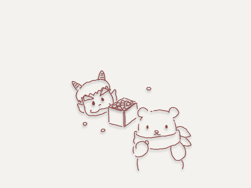 豆まきの豆と鬼のお面を描いた手描きイラスト


