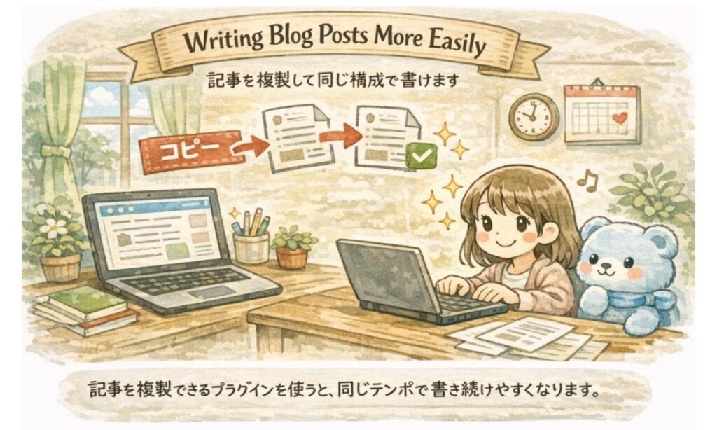 記事を複製して同じ構成でブログを書けるようにするプラグインの説明イラスト
