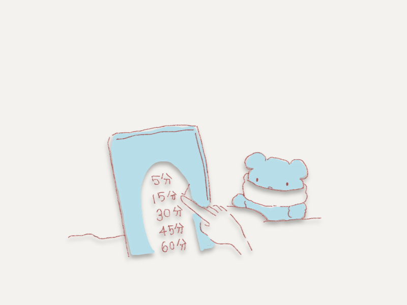 寝る前のタイマーは15分が目安だと伝える手描きイラスト（短めに区切るイメージ）
