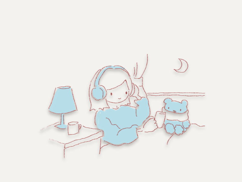 寝る前に照明を落として、オーディブルを静かに聴く準備をしている手描きイラスト
