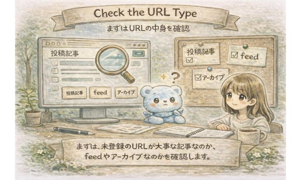 未登録になっているURLが投稿記事かfeedかアーカイブかを確認しているイラスト
