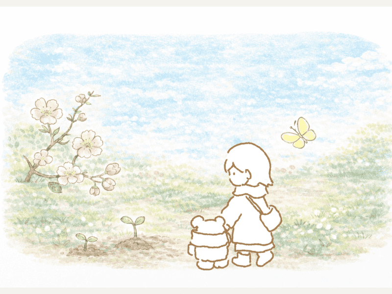 桃の花、蝶、土の上の小さな芽など、啓蟄の七十二候をイメージした景色と、そこを静かに散歩する人のイラスト