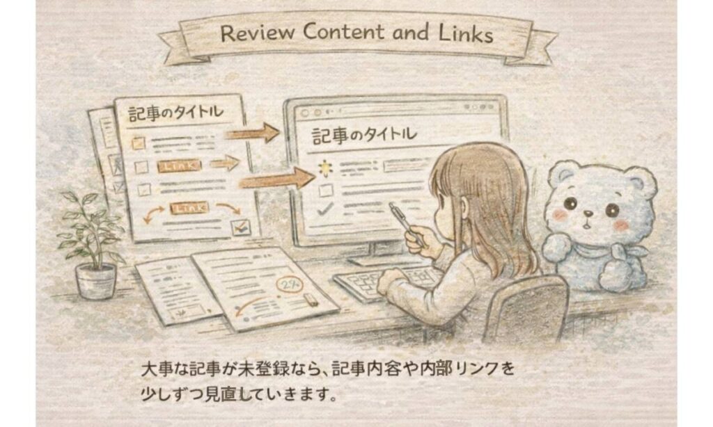 記事内容や内部リンクを見直して、クロール済み・インデックス未登録の改善を考えているイラスト
