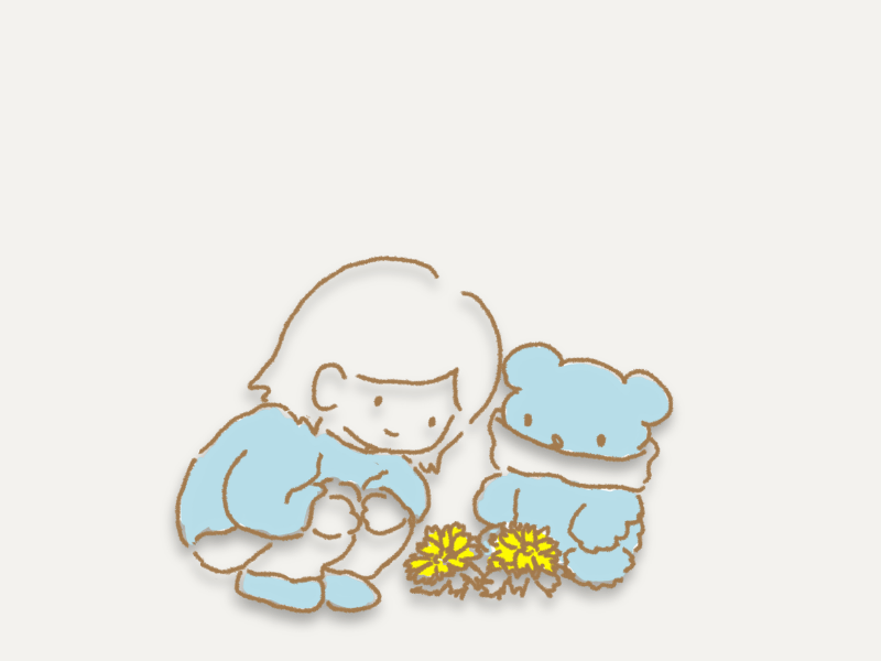  フクジュソウを見つめる女の子とソラベアの手描きイラスト