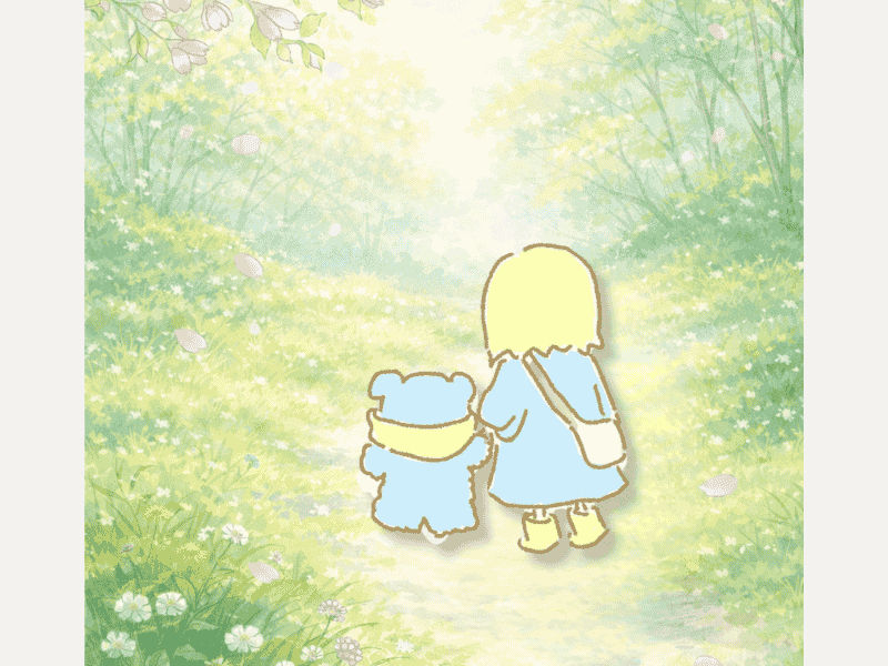 清明の季節に春の道を静かに散歩している様子の手描きイラスト