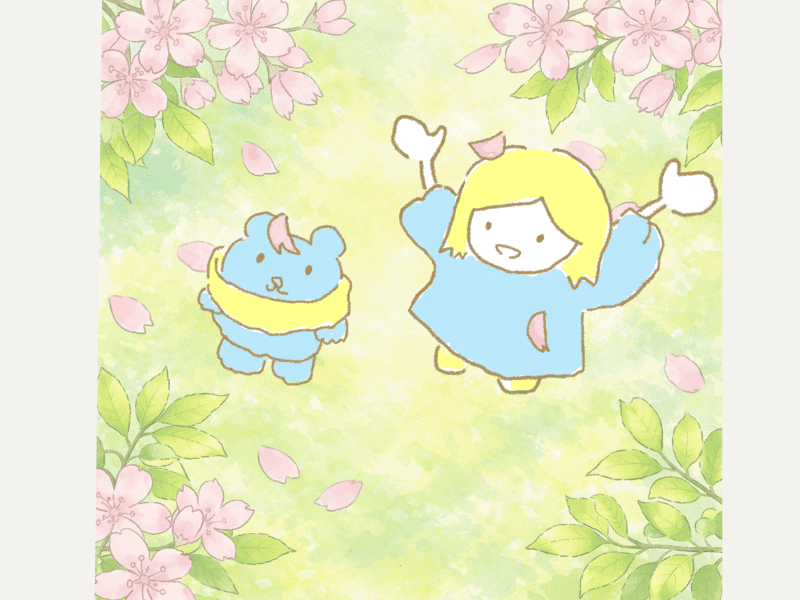 桜と若葉がやさしく揺れる清明の季節を表した手描きイラスト