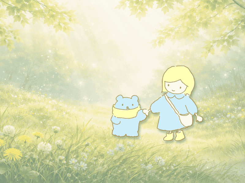 清明の季節に、やわらかな春の光が草木を照らしている手描きイラスト