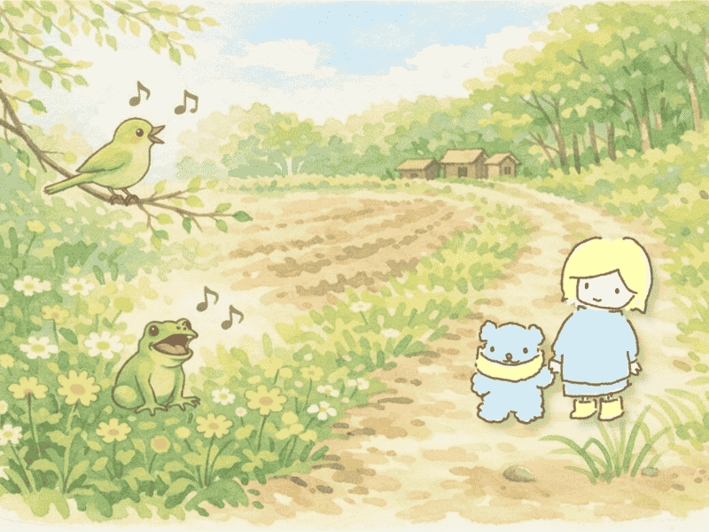 カエルやウグイスの声が聞こえはじめる穀雨の季節を描いた手描きイラスト

