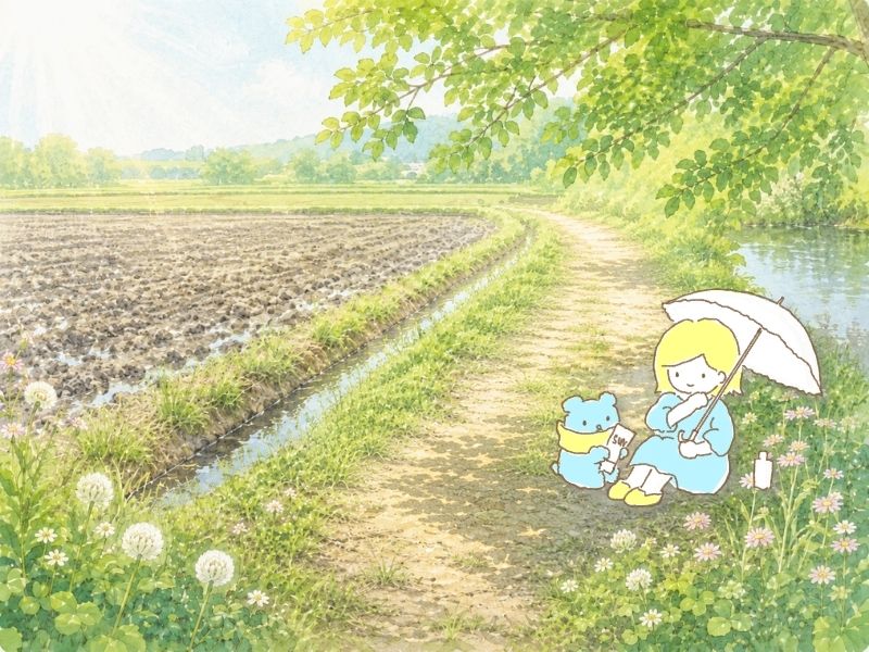 立夏のころの田んぼ道で、日傘をさしたネリネとソラベアが日焼け止めを塗って休んでいるイラスト