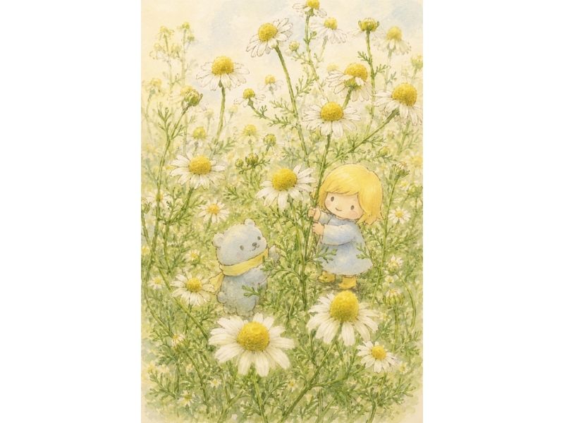 カモミールの花に囲まれて立つネリネとソラベアのやさしい水彩風イラスト
