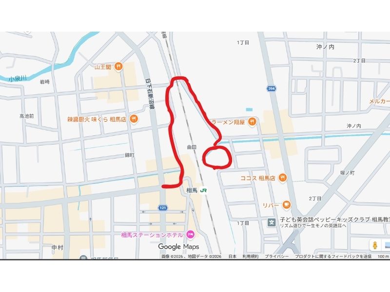 指定駐車場から相馬駅前方面へ歩いたルートのメモ