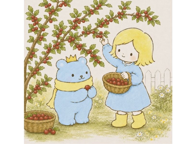 ユスラウメの実を摘むネリネとソラベアのやさしい水彩風イラスト