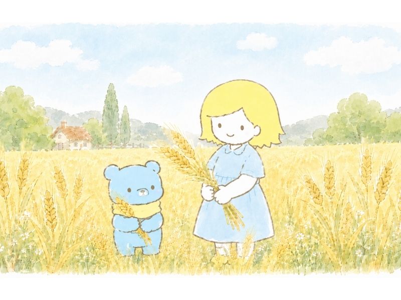 黄金色の麦畑に立つネリネとソラベアのイラスト