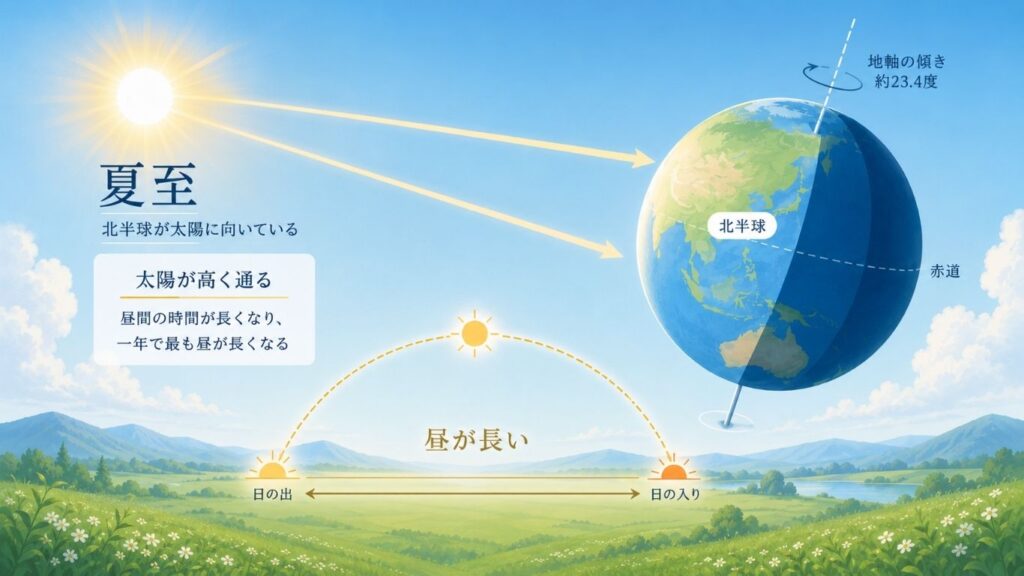 夏至に北半球が太陽に向き、太陽が高く通ることで昼の時間が長くなる仕組みを示したイラスト