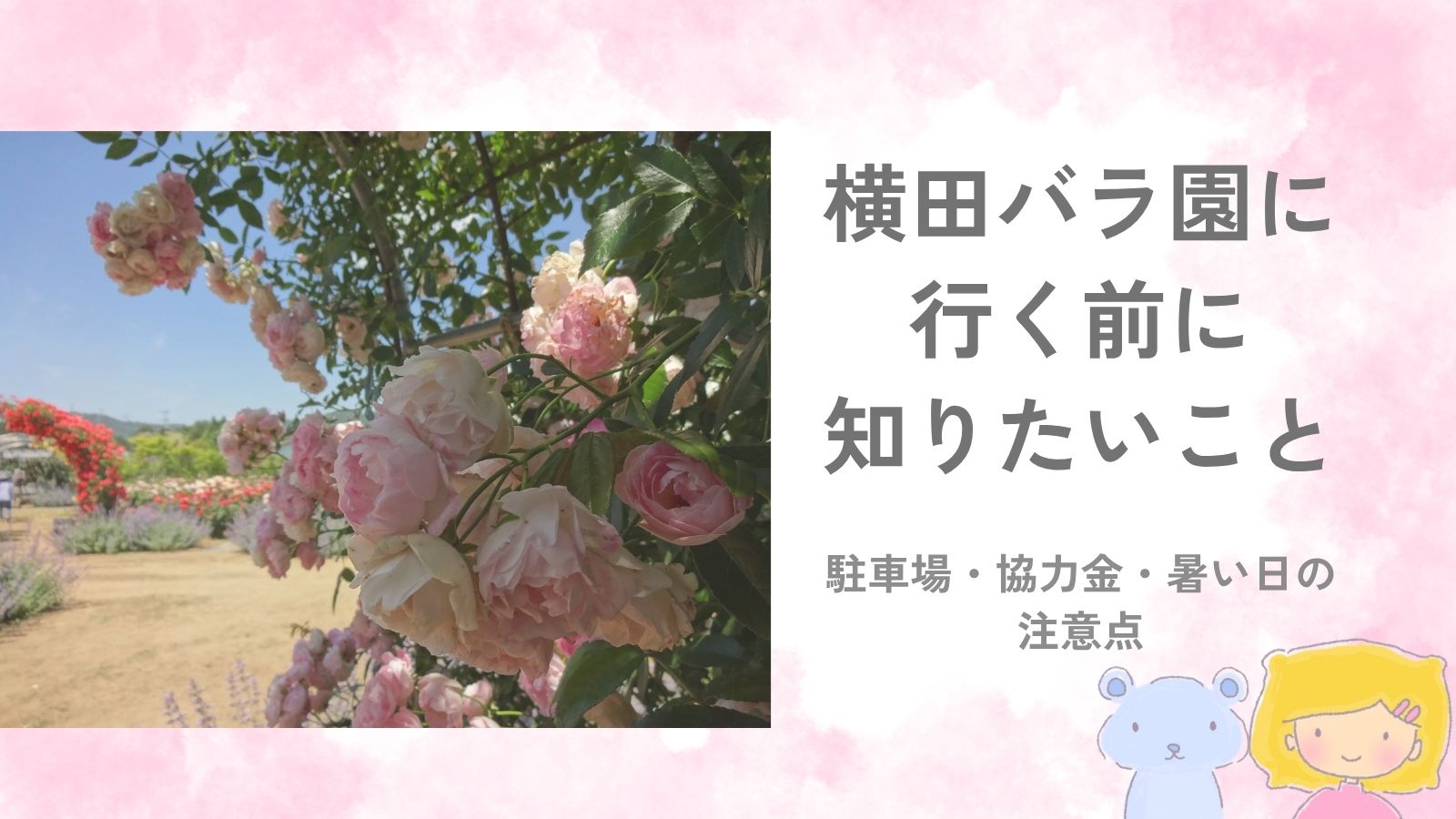 横田バラ園の記事アイキャッチ。淡いピンクのバラの写真と、ネリネとソラベアのイラストを添えた画像